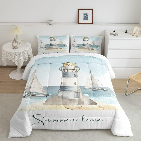 Nautical Comforter Sailboat Lighthouse Bedding Watercolor Ocean Themed Bedding Sets & Collections Summer Beach Down Comforter King Size Decoratives 3pcs Sea Adventure Bedroom Decor, Luxury White Blue