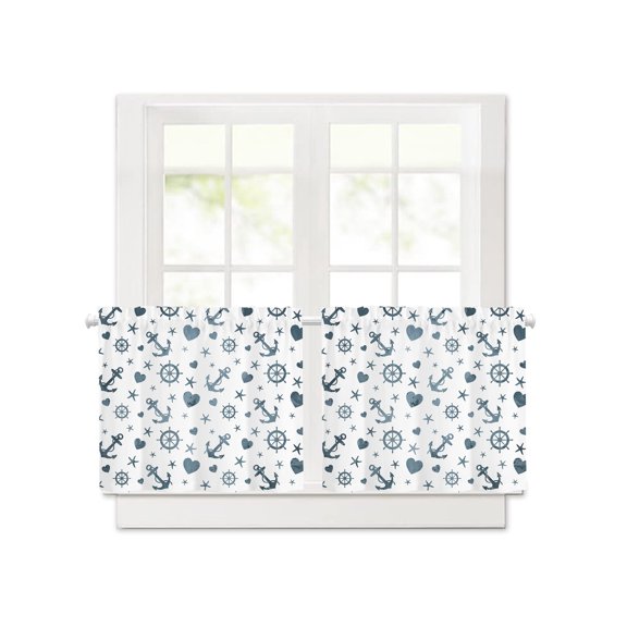 Nautical Compass Anchor Starfish Short Blackout Curtains 30 Inch Long,Seamless Hearts Gray Blue Rod Pocket Kitchen Curtains,2 Panels Thermal Insulated Room Darkening Drapes for Bedroom,30"W x 30"L
