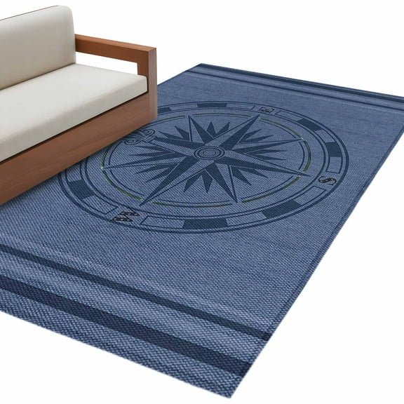 Nautical Compass Area Rug 3x5 FT, Non Slip Entryway Bedside Carpet, Navy Blue Striped Coastal Compass Washable Soft Floor Carpet Indoor Mat Non-Shedding Throw Rug for Dorm Kitchen Home Office
