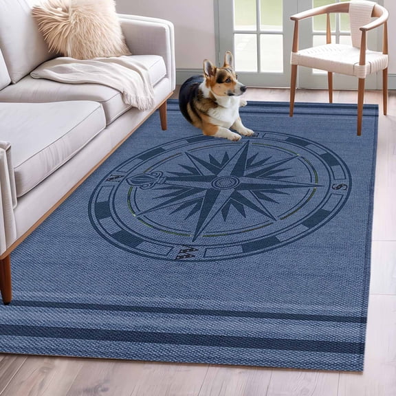 Nautical Compass Area Rug 4'x6', Non Slip Large Area Rugs for Bedroom, Navy Blue Striped Coastal Compass Washable Low Pile Indoor Floor Carpet Door Mat for Living Room Kitchen Dining Room Office