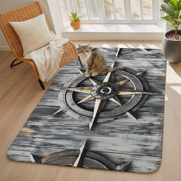 Nautical Compass Area Rugs for Living Room 5x6, Vintage Compass Directions Washable Area Rug with Non Slip Backing, Stain Resist Linen Carpet for Bedroom, Dining Room, Entryway, Entrance