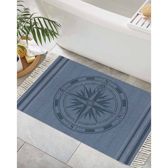 Nautical Compass Bath Rug 2x3ft Woven Bathroom Entryway Runner Rug,Navy Blue Striped Coastal Compass Washable Living Room Hallway Bedroom Kitchen Carpet with Tassels,Indoor Outdoor Throw Doormat