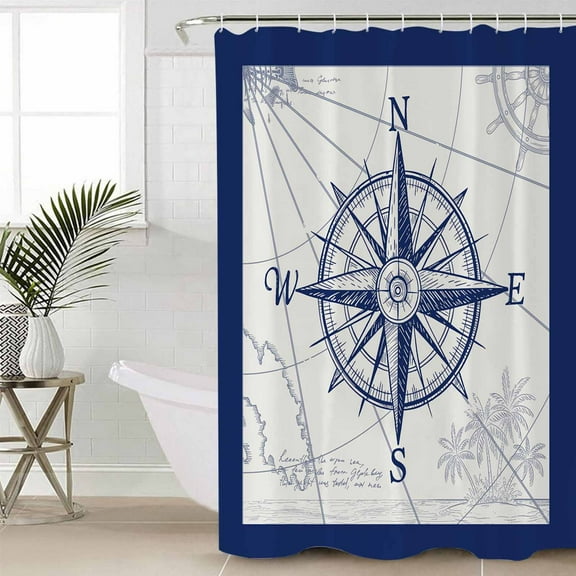 Nautical Compass Bathroom Curtain 72 Inch Shower Stall Curtain with Hooks, Navy Blue Maps Tropical Palm Tree Waterproof Polyester Bath Curtain Washable Bathtub Curtain 36''x 72''