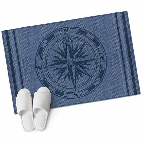 Nautical Compass Bathroom Mat 2x3 FT, Non Slip Small Kitchen Mat, Navy Blue Striped Coastal Compass Washable Soft Backed Front Door Throw Rug Non-Shedding Indoor Outdoor Doormat for Entryway Sink