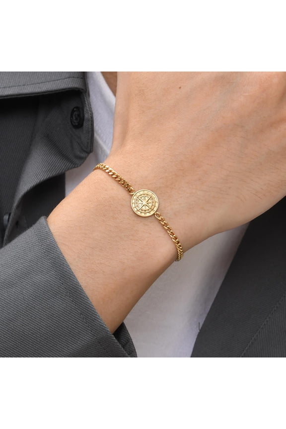 Nautical Compass Chain Link Bracelets for Men,14K White Gold Viking North Star Anchor Medal Bracelets,Stylish Jewelry