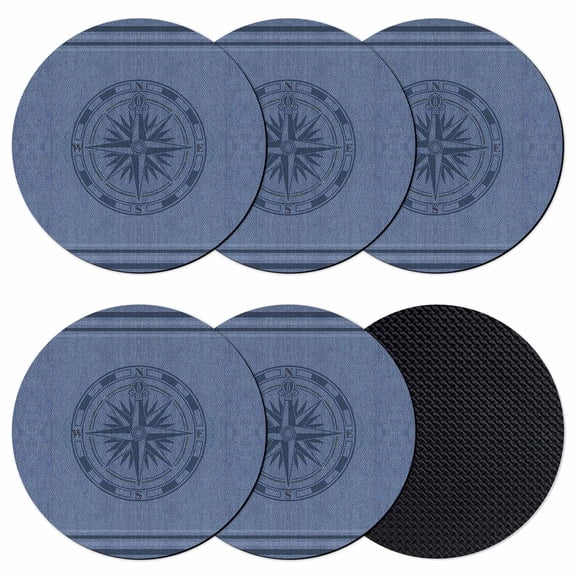 Nautical Compass Coasters Set of 6, Navy Blue Striped Coastal Compass Absorbent Coasters for Drinks, Coaster for Bar Office Dining Coffee Table Accessories Decor, Non Slip Round Desk Coaster