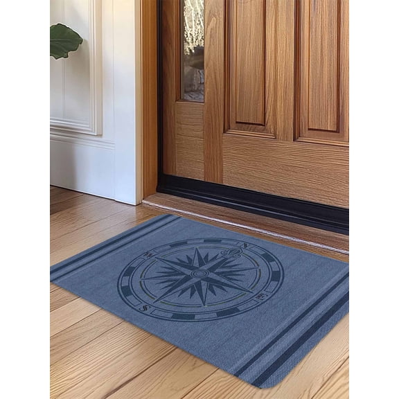 Nautical Compass Door Mat Indoor Outdoor Entrance, Non Slip Small Rug for Kitchen Bathroom Entryway Rug, Navy Blue Striped Coastal Compass Washable Doormat Floor Mat 16x24 Inch