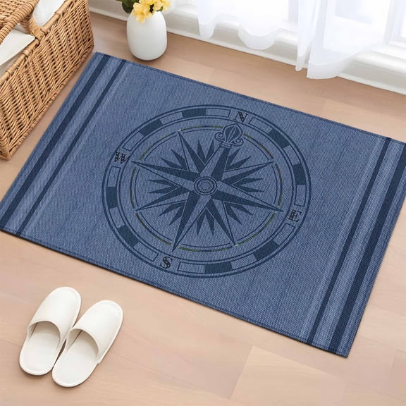 Nautical Compass Entryway Rugs 2'x3', Non Slip Area Rugs for Entrance Door, Navy Blue Striped Coastal Compass Washable Low Pile Indoor Floor Carpet Doormat for Front Door Bathroom Kitchen Bedroom