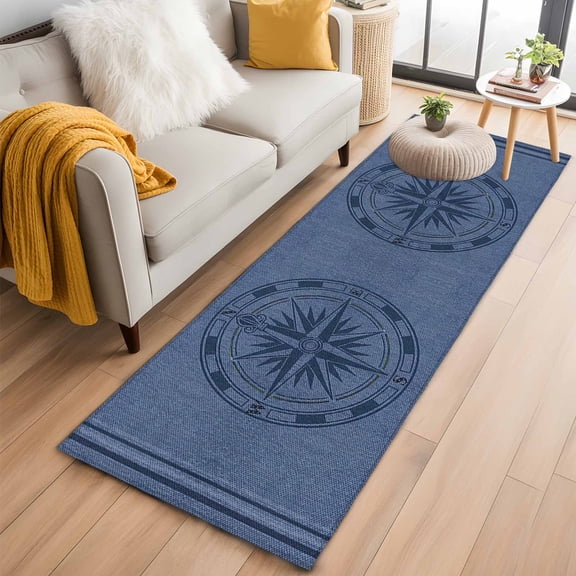 Nautical Compass Hallway Runner Rug 2'x6', Non Slip Area Rugs for Entryway, Navy Blue Striped Coastal Compass Washable Low Pile Indoor Floor Carpet for Laundry Room Bedroom Kitchen Corridor