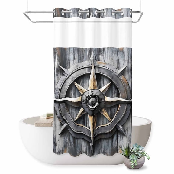 Nautical Compass No Hook Shower Curtain Vintage Compass Directions Shower Curtain with See Through Top Window, Waterproof Washable Fabric Curtain for Bathroom Hotel Decor, 36Wx72L