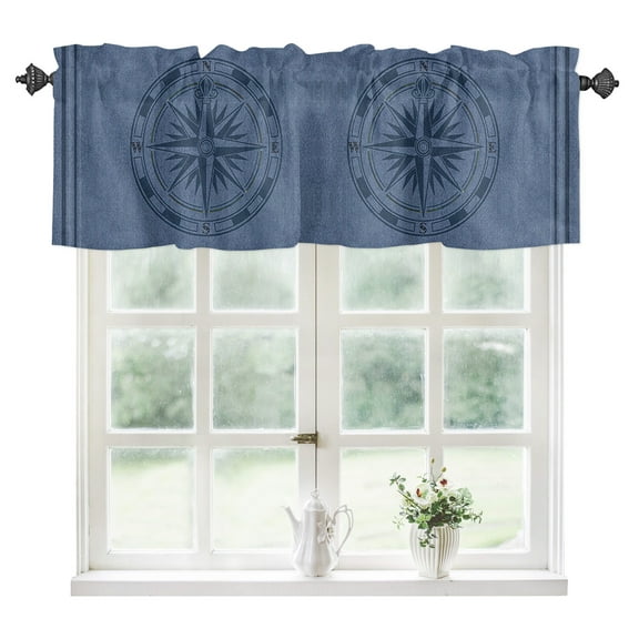 Nautical Compass Kitchen Valances for Windows 42x12 Inch Kitchen Curtains Valances Rod Pocket Navy Blue Striped Coastal Compass Bathroom Window Valances for Window Treatment Decor