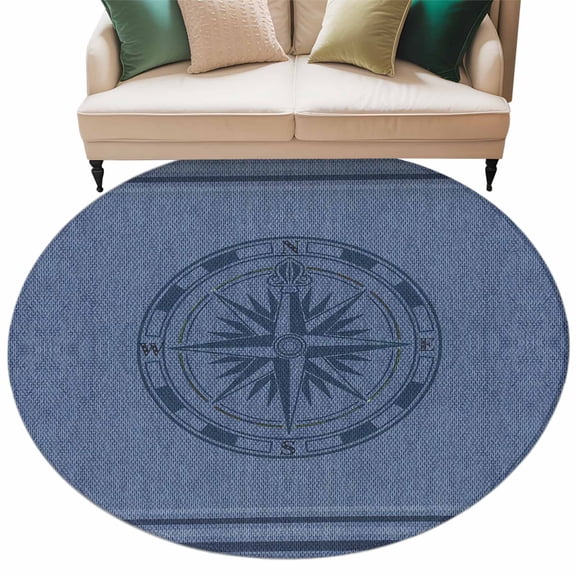 Nautical Compass Large Area Rugs for Bedroom Living Room, Soft Non Slip Carpet Bedside Rug, Navy Blue Striped Coastal Compass Round Floor Cover Kitchen Accent Rug 8' for Dining Room/Office