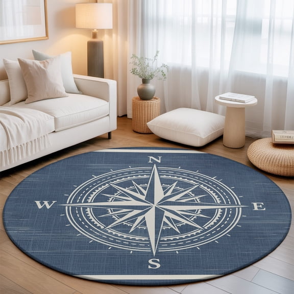 Nautical Compass Large Round Rug 8Ft Coastal White Stars Lines Navy Blue Circle Area Rugs Washable Non Slip Indoor Floor Mats Carpet for Living Room Bedroom Dining Room Home Decor
