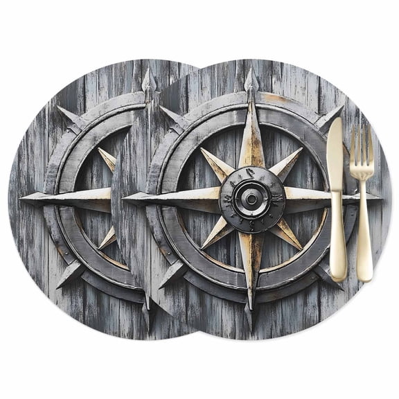 Nautical Compass Leather Placemats Set of 2, 12 Inch, Vintage Compass Directions Waterproof Oil-Proof Place Mats, Non-Slip Table Mats for Kitchen, Dining Room, Indoor Outdoor