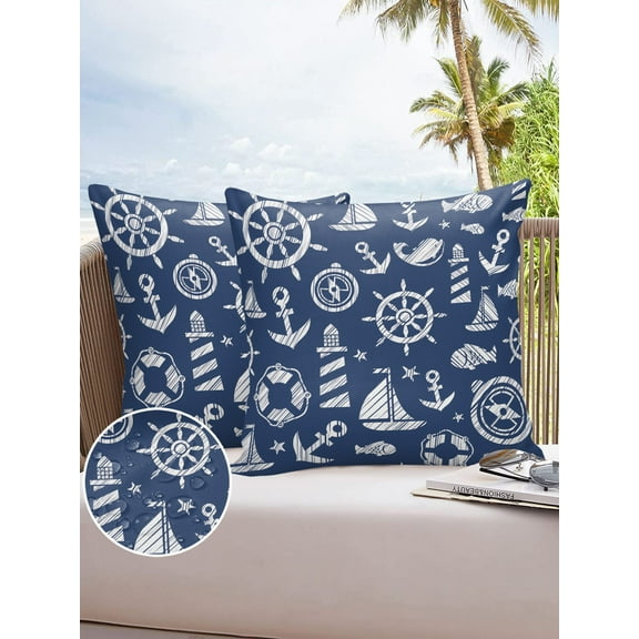 Nautical Compass Lignthouse Anchor Outdoor Pillow Covers Waterproof Throw Pillow Cover 18x18in Set of 2,Square Decorative Pillowcases Cushion Case for Patio Sofa Couch,Marine Fish Anchor on Navy Blue