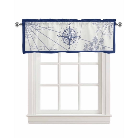 Nautical Compass Linen Curtain Valance for Bedroom/Bathroom/Kitchen/Office/Living/Dining Room Windows,Retro Sailing Map Tropical Palm Tree Navy Pocket Topper Drapes Decorative Cafe Drapery 42x12