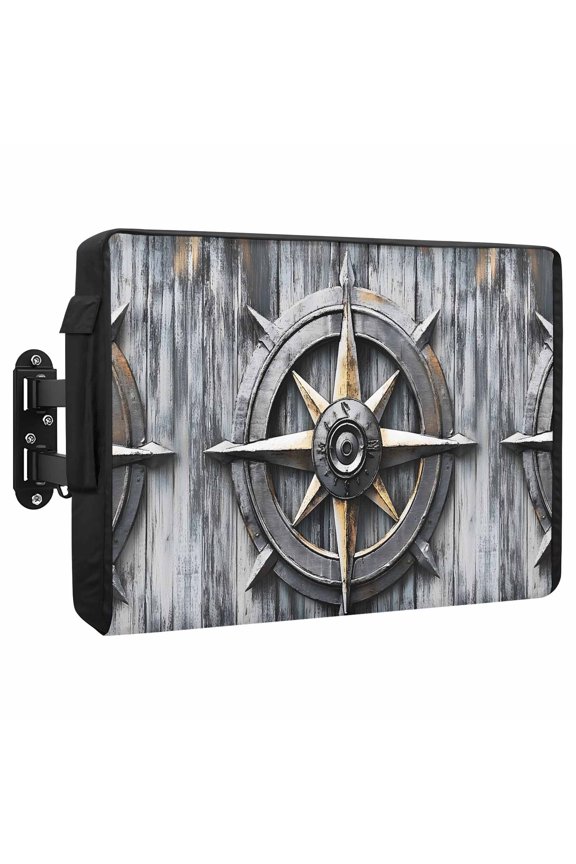 Nautical Compass Outdoor TV Cover 52 to 55 Inch Vintage Compass Directions Weatherproof and Waterproof TV Cover Heavy Duty Outside Flat TV Screen Protector with Remote Control Pocket