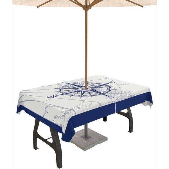 Nautical Compass Outdoor Tablecloth with Umbrella Hole Rectangle, Navy Blue Waterproof Table Cloth Washable Wipeable Cover Spill Proof for Patio Spring Summer Picnic BBQ Tropical Palm Tree 60"x102"