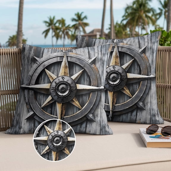 Nautical Compass Outdoor Waterproof Throw Pillow Covers Set of 2, 16"x16", Vintage Compass Directions Decorative Pillow Covers Outside Cushion Case for Patio Porch Garden