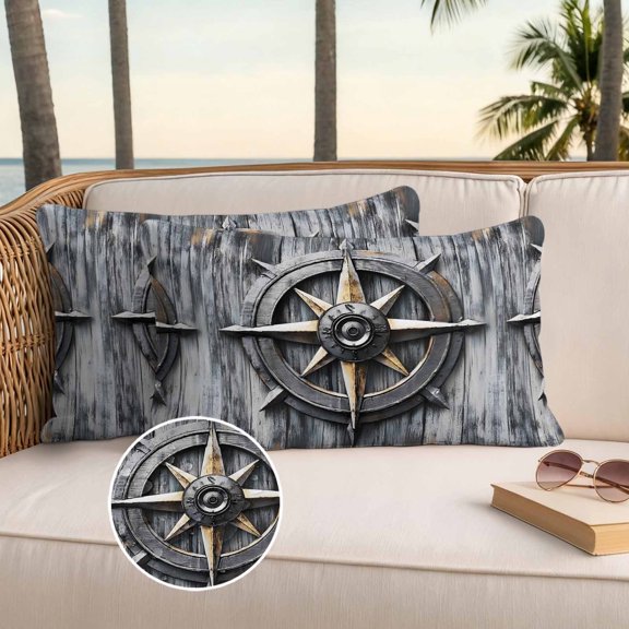 Nautical Compass Outdoor Waterproof Throw Pillow Covers Set of 2, 20"x12", Vintage Compass Directions Decorative Pillow Covers Outside Cushion Case for Patio Porch Garden