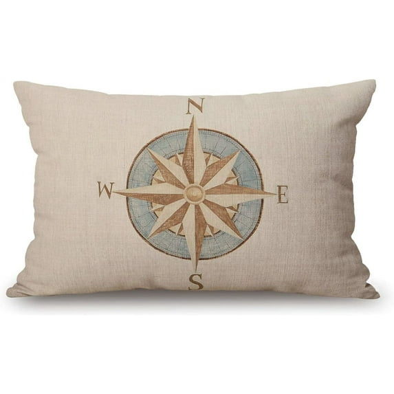 Nautical Compass Pillow Covers 12" x 20" Lumbar Pillow Covers Home Decorative Cotton Linen Cushion Case for Sofa Couch Housewarming Gifts Family Room Décor