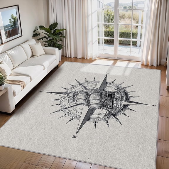 Nautical Compass Pirate Ship Area Rugs, Ocean Adventure Carpet, Washable Non Slip Low Pile Soft Rug for Living Room Bedroom Decor Mat 2ftx3ft