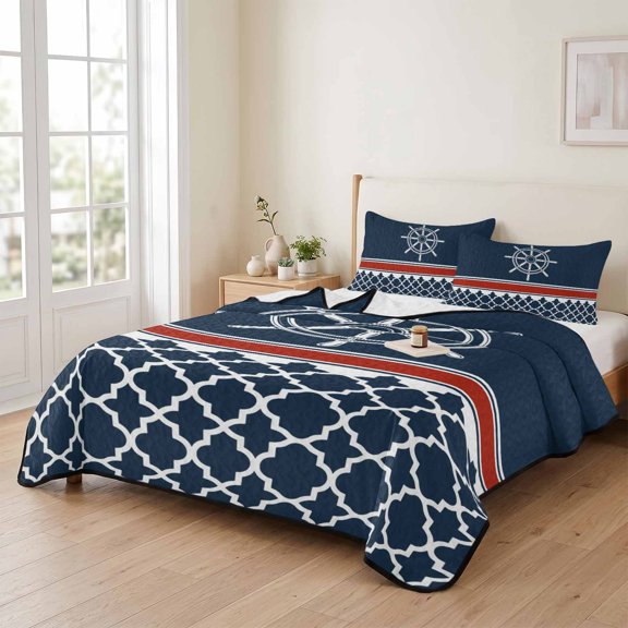Nautical Compass Retro Geometric 3 Pieces Quilt Set,1 Quilt with 2 Shams,Red and White Stripes Bedspread Soft Lightweight Bedding Coverlet Comforter Set for All Season 90"x96"