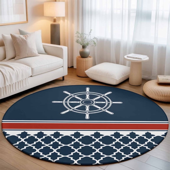 Nautical Compass Retro Geometric Round Rug 5ft Red and White Stripes Washable Area Rugs for Living Room Bedroom Entryway Non Slip Entrance Door Mat Indoor Floor Carpet