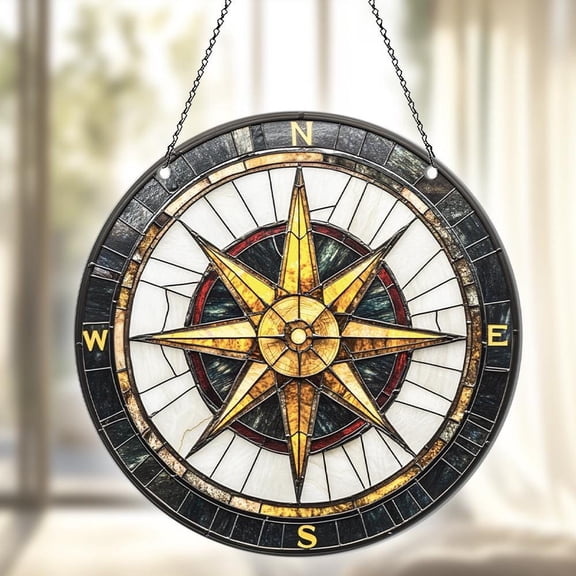 Nautical Compass Rose Stained Glass Suncatcher - Window Ornament,Vibrant Art Decor,Travel Inspired Ocean Design,Housewarming Gift for Home,Window Hanging