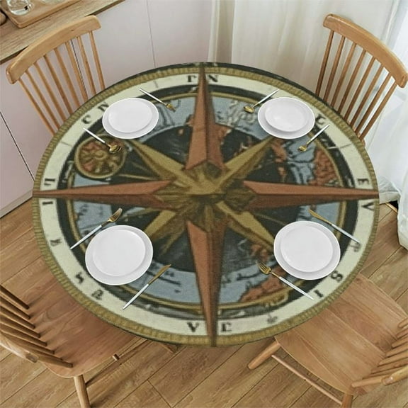 Nautical Compass Round Tablecloth Elastic Fitted Table Cover Washable Elastic Edge Tablecloths for Kitchen Dining Party Fitted Table Round Table