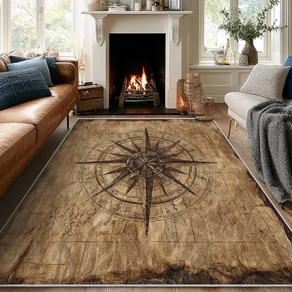 Nautical Compass Rugs - Vintage Rugs, Adventure Rug, Rustic Carpet, Compass Home Decor & Room Decor & Gifts, Soft, Washable, Non Slip, Low Pile 5 x 7ft