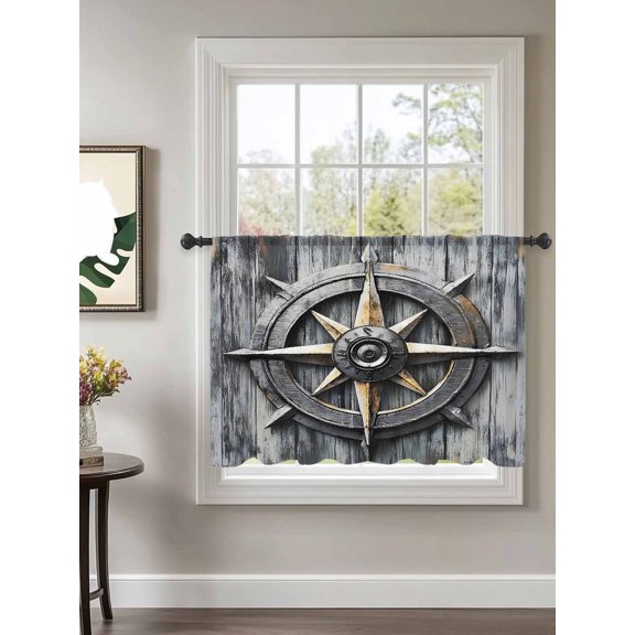 Nautical Compass Sheer Curtains 45 Inch Long 1 Panel Vintage Compass Directions Rod Pocket Voile Cafe Curtains Light Filtering Small Window Treatments for Kitchen Basement 52" x 45"