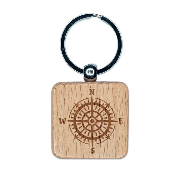 Nautical Compass Square Keychain Charm Tag - Engraved Wood
