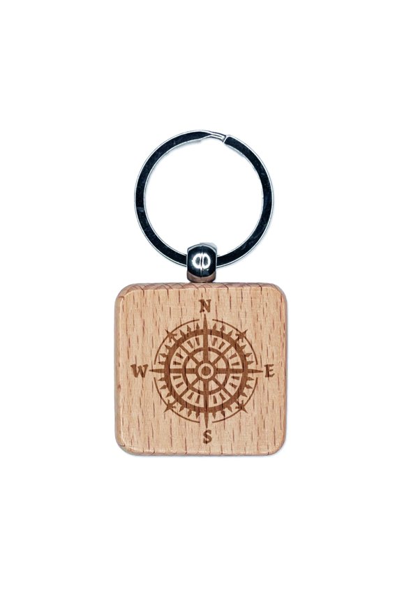 Nautical Compass Square Keychain Charm Tag - Engraved Wood