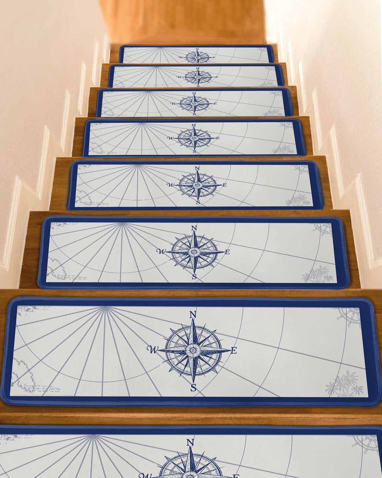Compass Netsteps Nautical Compass Stair Treads for Wooden Steps Indoor Runner Rug Carpet ...