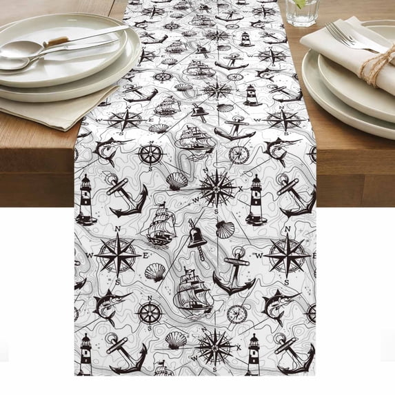 Nautical Compass Table Runner - 108 Inch Long, Kitchen Dining Table Runner Dresser Scarves, Black Grey Sailing Boat Map Anchor Farmhouse Decor for Coffee Tables Wedding Party Banquet