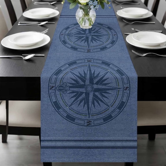 Nautical Compass Table Runner 36 Inches Long, Navy Blue Striped Coastal Compass Kitchen Coffee Dining Table Decoration for Home Party Birthday Wedding Home Decor 13x36 Inches