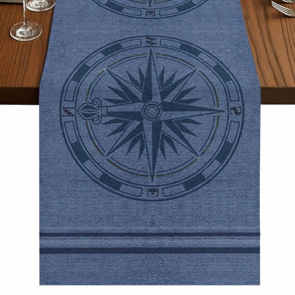 Nautical Compass Table Runner 72 Inches Long,Navy Blue Striped Coastal Compass Cotton Linen Table Runners Dresser Scarves,Decorative Tabletop Scarf Furniture Cover for Home Dinner Party 13"x72"