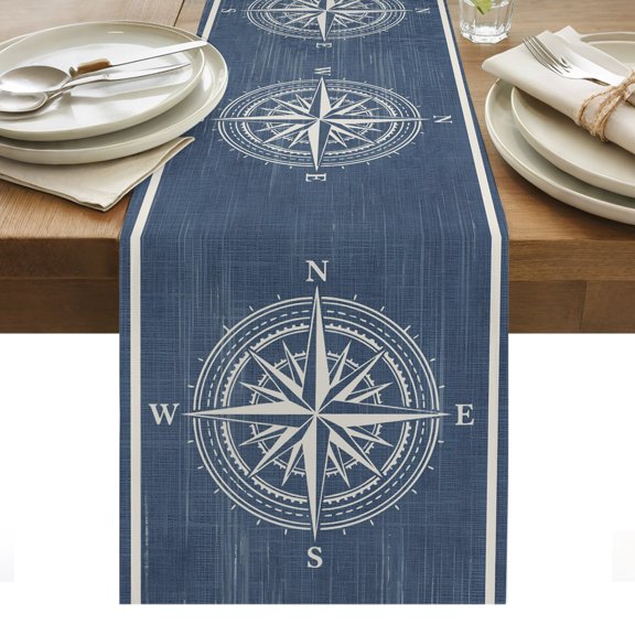 Nautical Compass Table Runner Navy Blue Coastal Star Stripes Vintage Tablerunners 13 x 48 Inch, Table Decorations Tabletop Scarf for Summer Gathering Holiday Farmhouse Kitchen Dining Decor