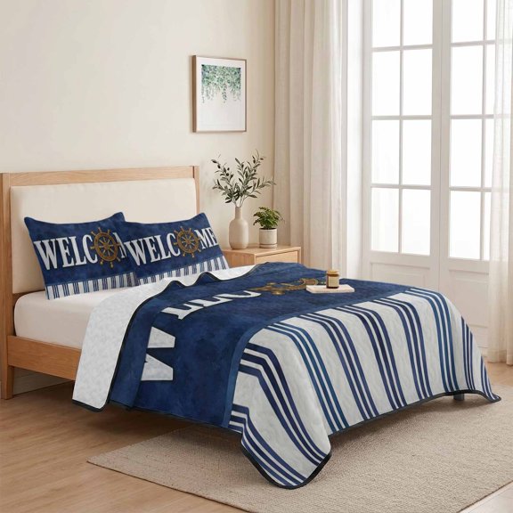 Nautical Compass Welcome Text 3 Pieces Quilt Set,1 Quilt with 2 Shams,Coastal Navy Blue Stripe Bedspread Soft Lightweight Bedding Coverlet Comforter Set for All Season 68"x98"