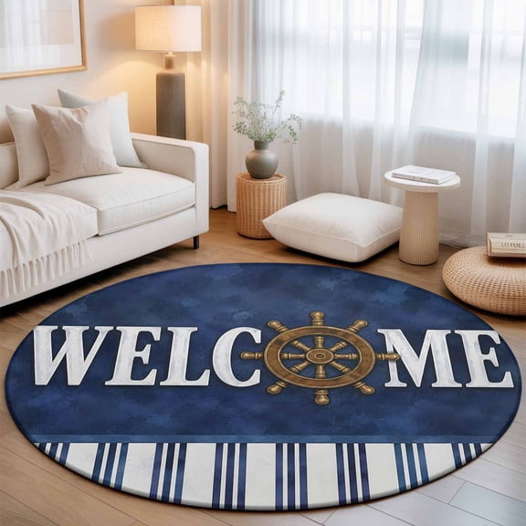 Nautical Compass Welcome Text Round Rug 5ft Coastal Navy Blue Stripe Washable Area Rugs for Living Room Bedroom Entryway Non Slip Entrance Door Mat Indoor Floor Carpet