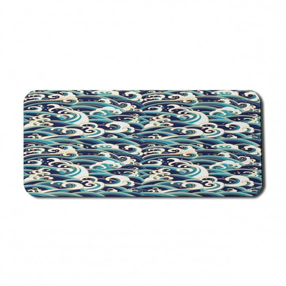 Nautical Computer Mouse Pad, Traditional Oriental Style Ocean Waves Pattern Foam and Splashes Print, Rectangle Non-Slip Rubber Mousepad X-Large, 35" x 15" Gaming Size, Blue and White, by Ambesonne