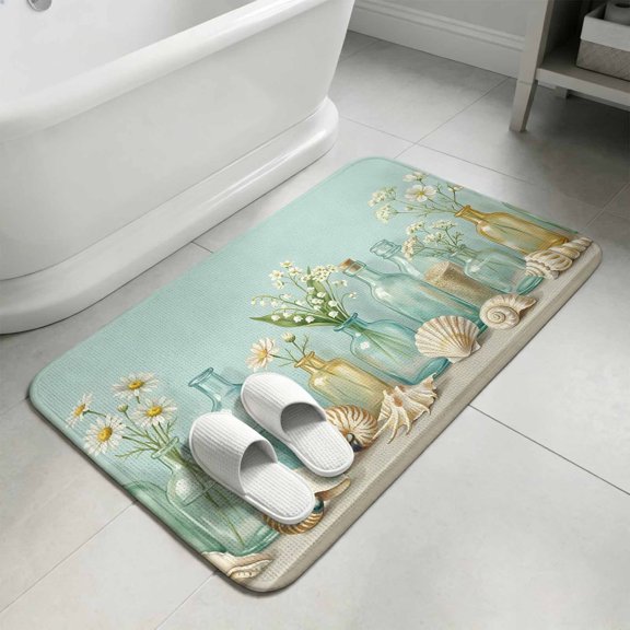 Nautical Conch Shell Bathroom Rugs Non Slip Washable Bath Mat Absorbent Front Door Mat Sea Glass Bottles Coastal Floral Indoor Doormat for Kitchen Entryway Shower Decor Accessories 31.5"x47.2"