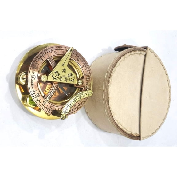 Nautical Copper & Brass Sundial Compass 3" With Leather Case Desk Decor Gift