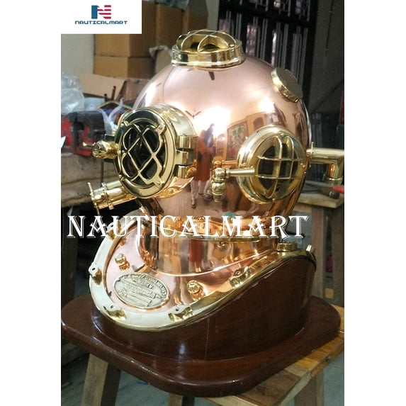 Nautical Copper Brass U.S Navy Mark V Diving Divers Helmet W/Base