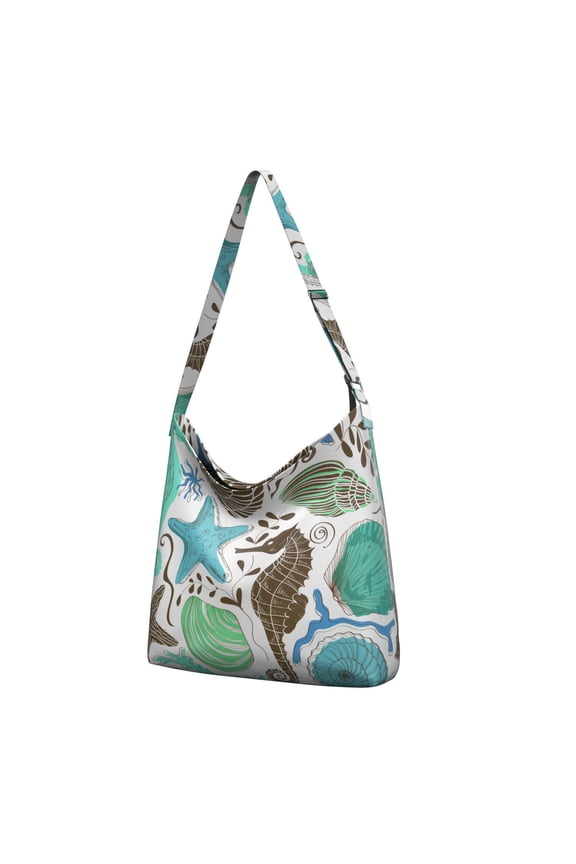 Nautical Coral Canvas Tote Bag – Tropical Seahorse and Starfish Print with Beach Seashells and Ocean Marine Creatures, Foldable and Stylish