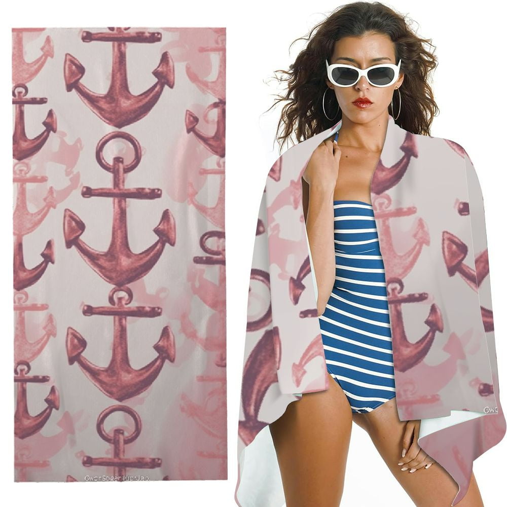 Nautical Coral Glitter Anchor Pattern Microfiber Sand Free Beach Towel Oversized Quick Dry Absorbent for Pool Swimming Bathroom Beach Towel