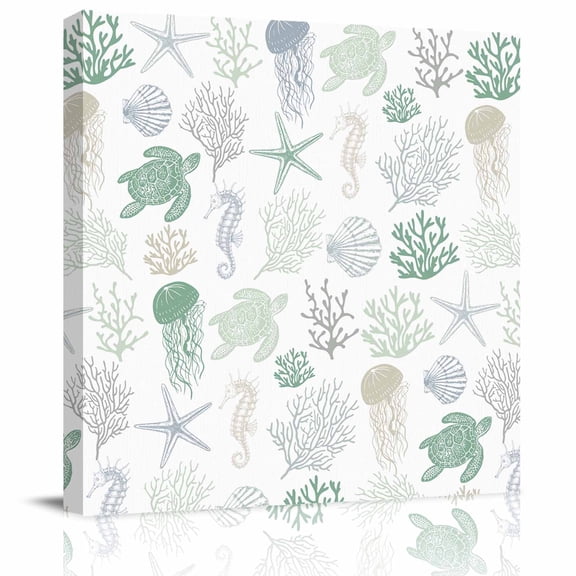 Nautical Coral Sea Turtle Summer Beach Canvas Artwork Painting Art, Coastal Green Gradient Square Framed Wall Decorations Prints Picture for Bedroom Kitchen Living Room, 8x8 in