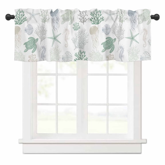 Nautical Coral Sea Turtle Summer Beach Curtain Valances,Small Window Treatment for Kitchen Living Room Bathroom Bedroom,42" x 18"