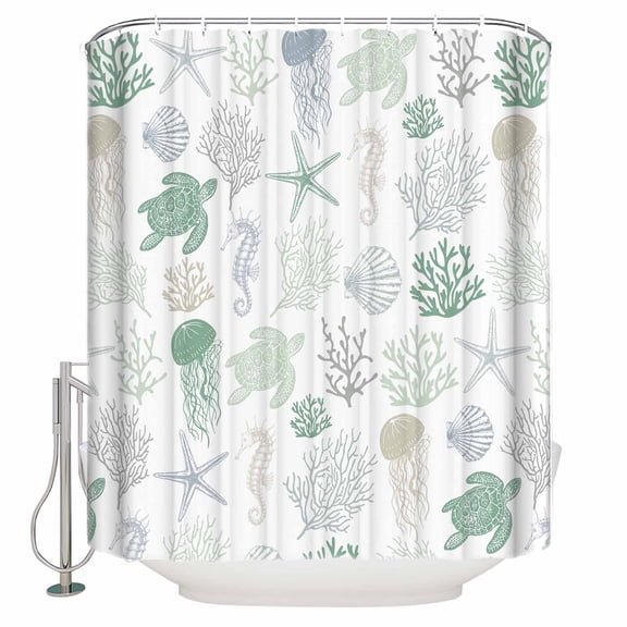 Nautical Coral Sea Turtle Summer Beach Shower Curtain for Bathroom, Coastal Green Gradient Waterproof Shower Curtains Washable Quick Dry with Hooks Bathtub Curtains 36x72 IN